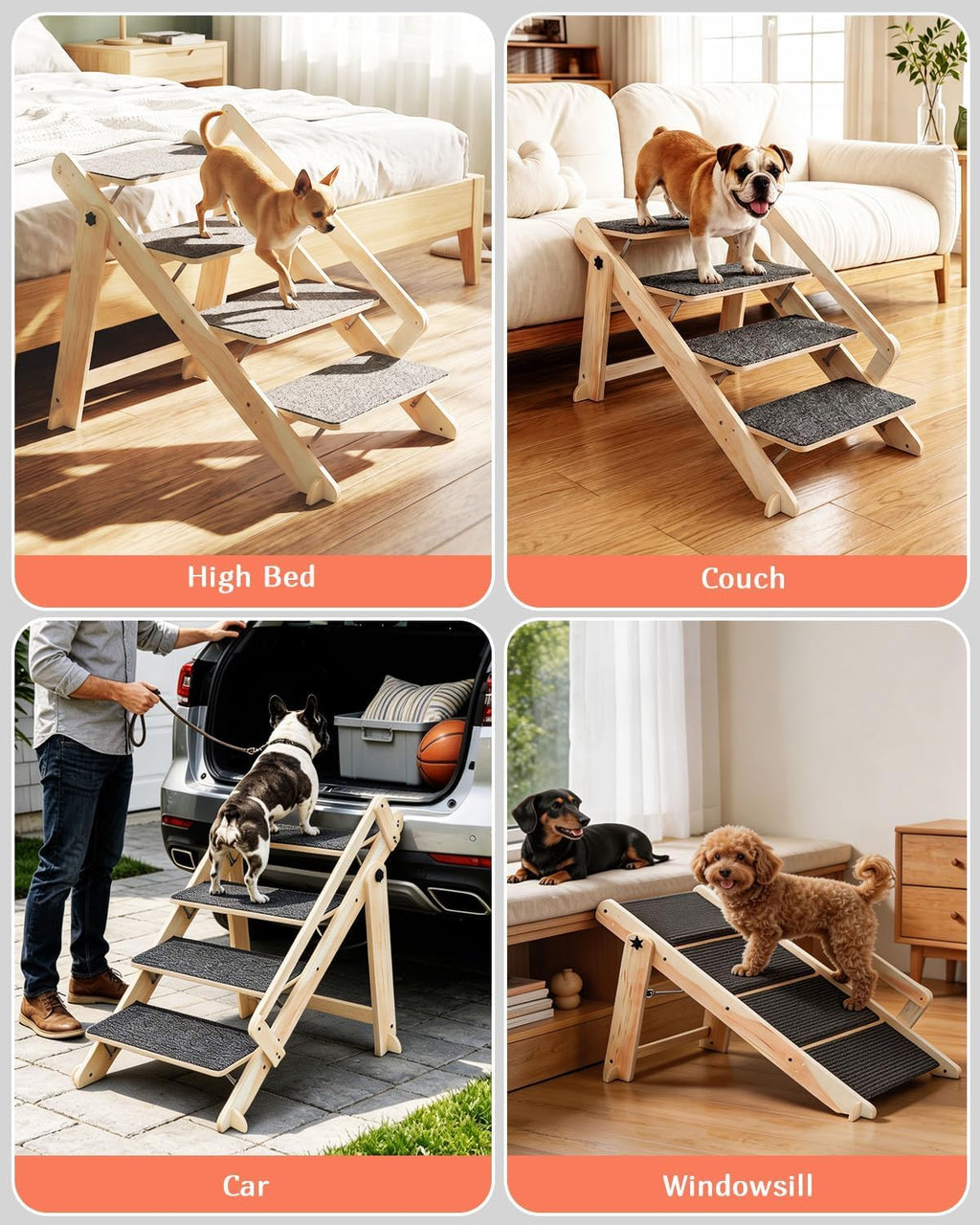 Woodure Foldable Dog Stairs, Convertible 4-Step Wooden Dog Ramp, Cat Step for High Bed Couch Car, Anti Slip Puppy Ladder
