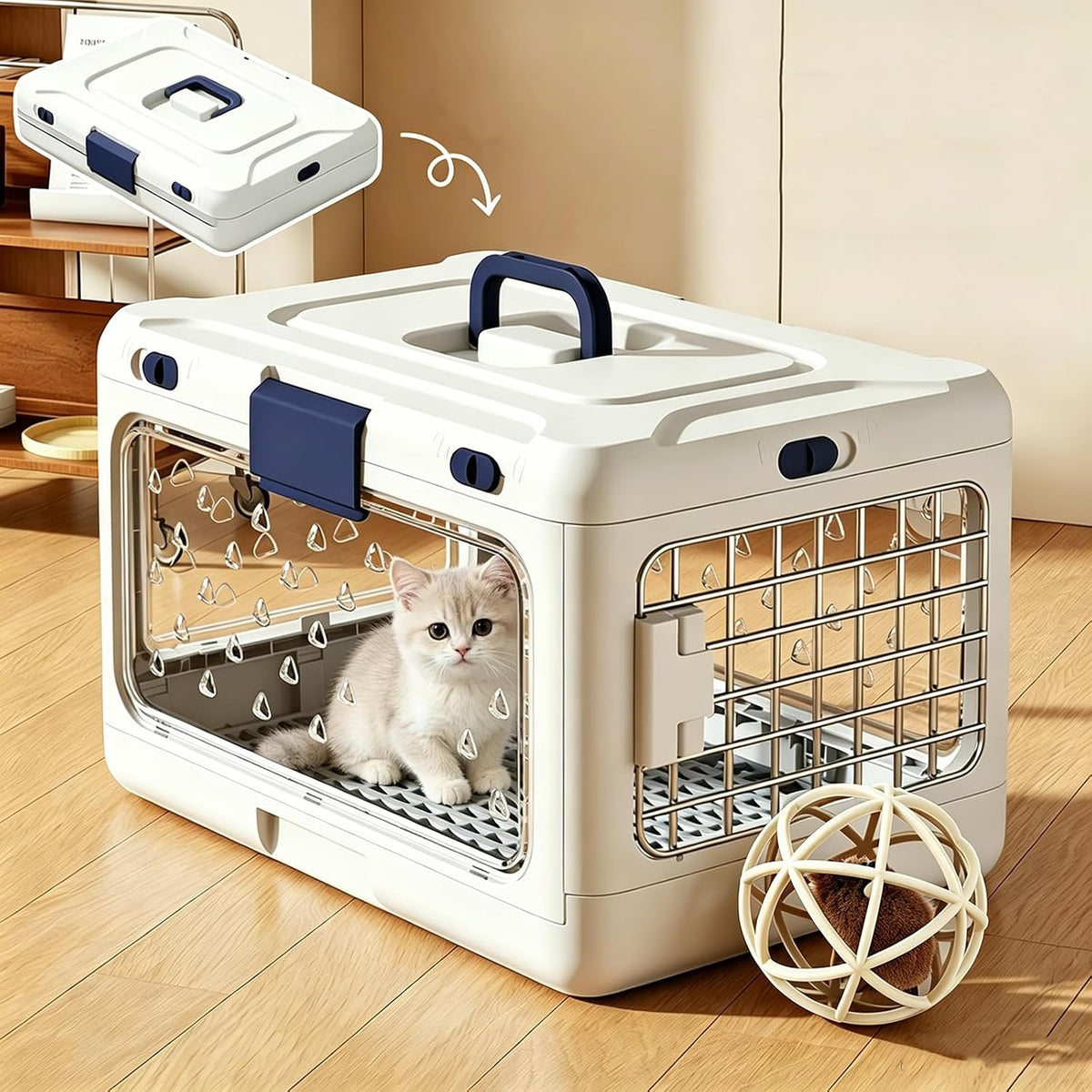 Hard Cat Carrier Foldable,Portable Dog Crate with Ventilation & Raised Separation Meshs Floor,Dog Travel Crate,Collapsib