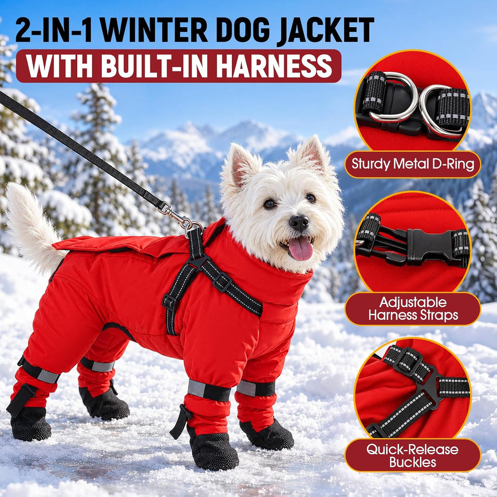 Dog Snowsuit with Attached Boots, Full Body Dog Coat with Built-in Harness