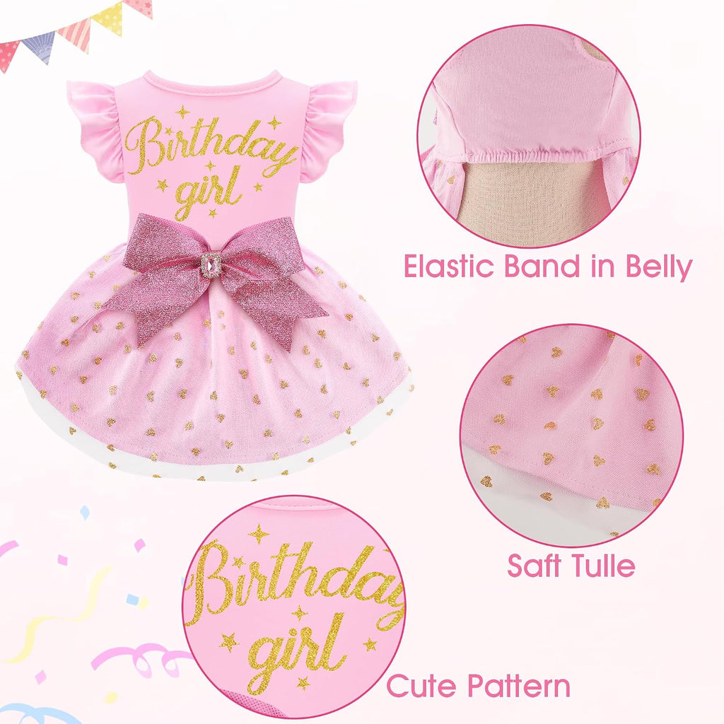 Dog Birthday Girl Dress Ruffle Dog Dress with Sparkly Pink Bowknot Tulle Birthday Princess Pet Clothes for Small Medium 
