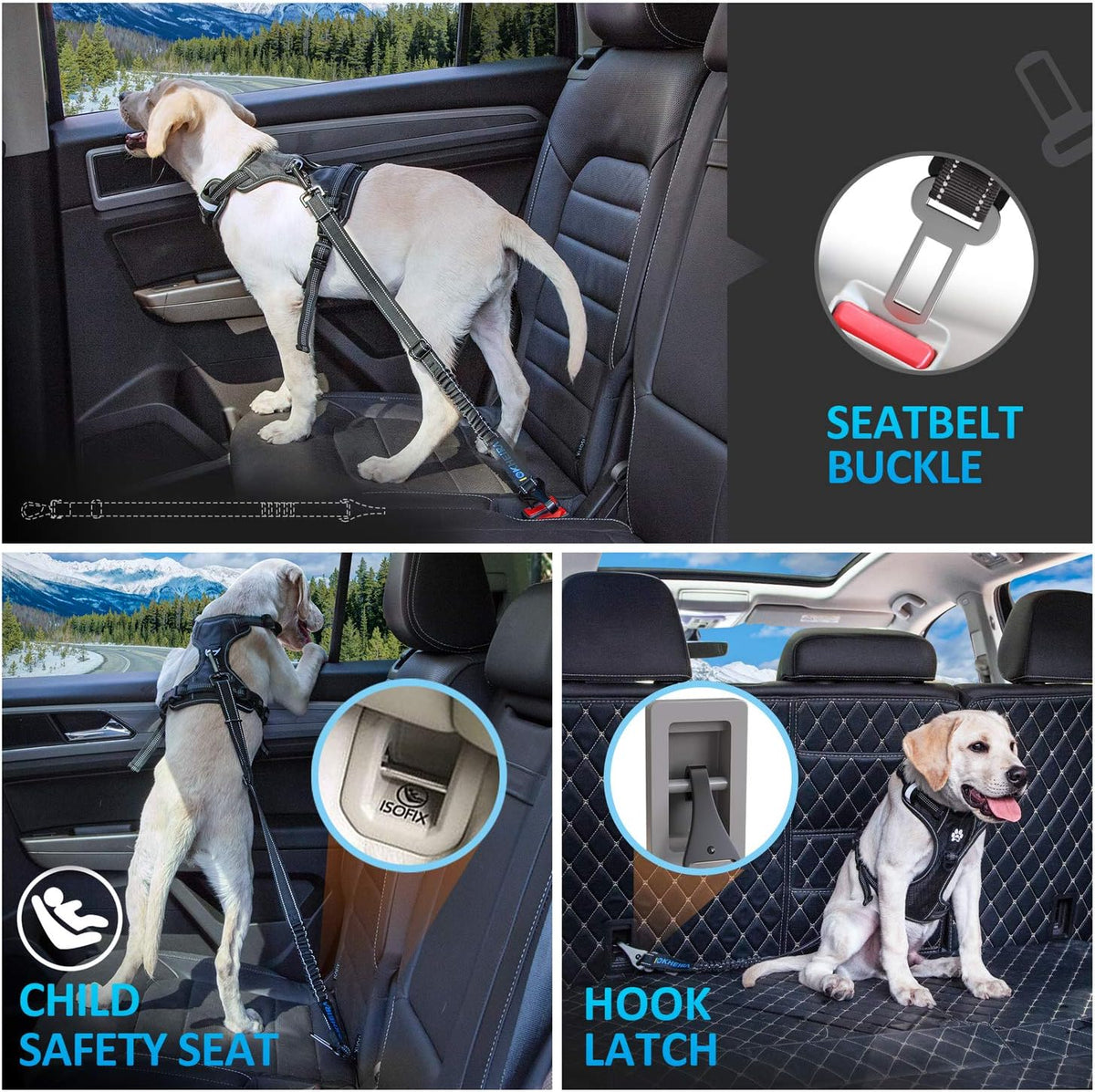 Dog Seat Belt 3-in-1 Car Harness for Dogs Adjustable Safety Seatbelt for Car Nylon Reflective Bungee Fabric Dog Car Harn