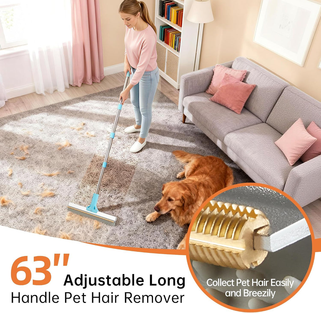 Carpet Rake for Pet Hair Removal Tool, 2 in 1 TPU and Copper Rake Teeth Uproot Clean Hair Remover with 63’’ Adjustable L