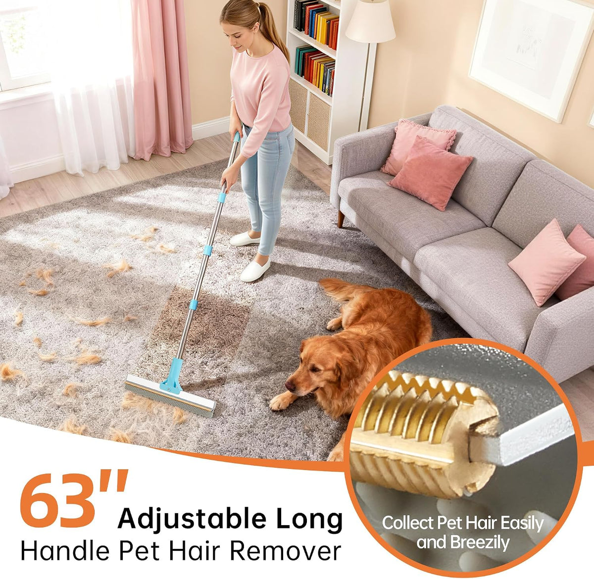 Carpet Rake for Pet Hair Removal Tool, 2 in 1 TPU and Copper Rake Teeth Uproot Clean Hair Remover with 63’’ Adjustable L