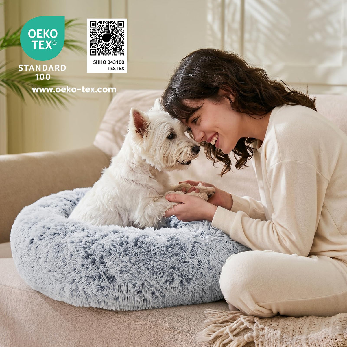JOLLYVOGUE Small Dog Bed, Calming Soft Anti-Anxiety Donut Cat Bed, Washable Round Fluffy Cushion for Small and Medium Pets (20")