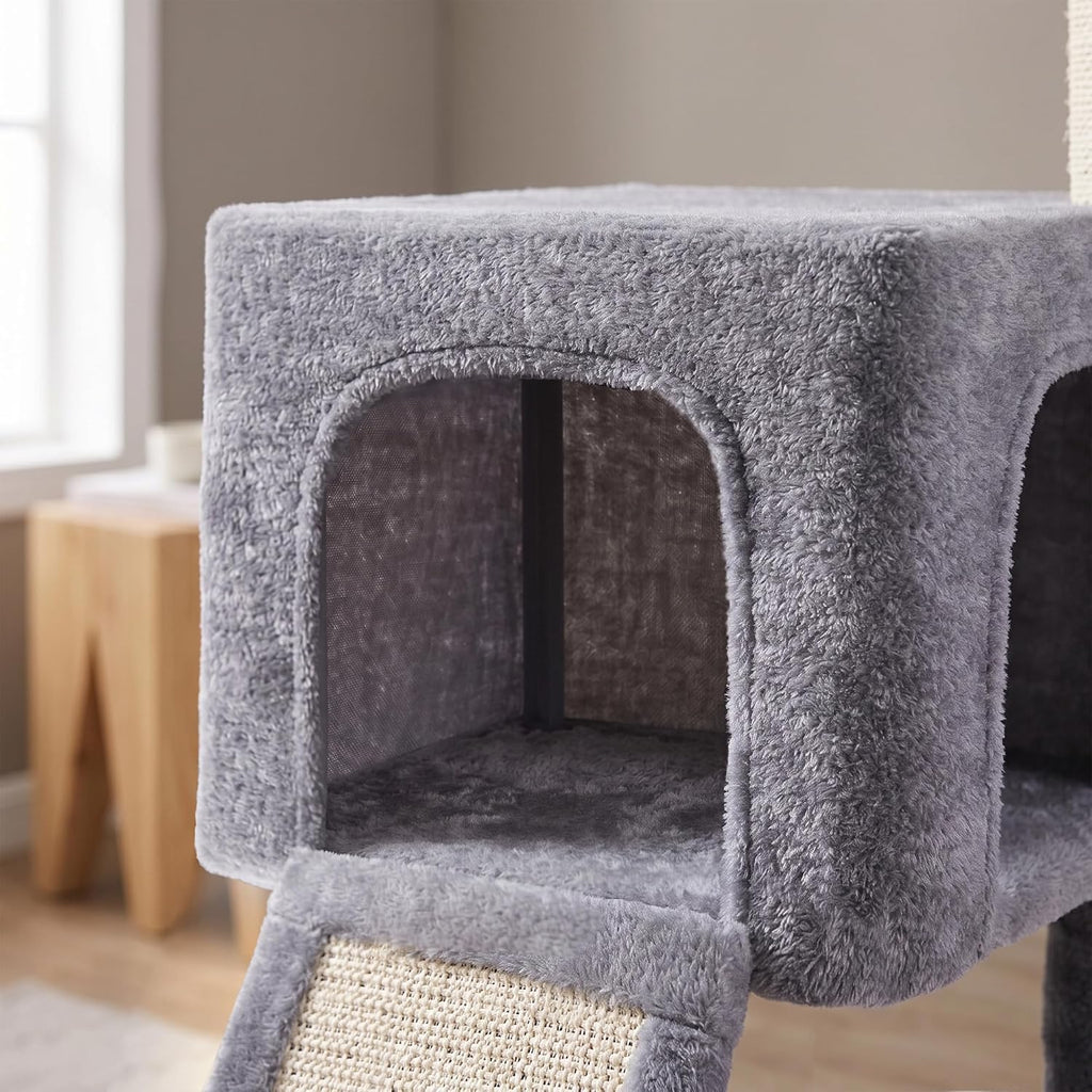 32" Cat Tree for Indoor Cats, 2-in-1 Cat House with Sisal Scratching Post & Ramp, 2-Level Cat Tower with Rotatable Feath