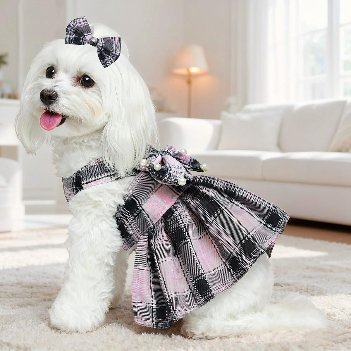 Dog Dress Bowknot Harness Leash Set for Small Dogs Girl Cute Plaid Dog Dress Pearls Bow Tie Spring Summer Princess Cloth