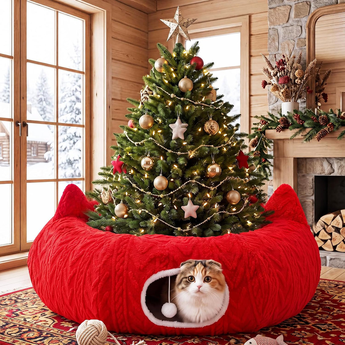 Christmas Cat Tunnel Tree Skirt, White, 43.3 x 12 in, Cat Ear