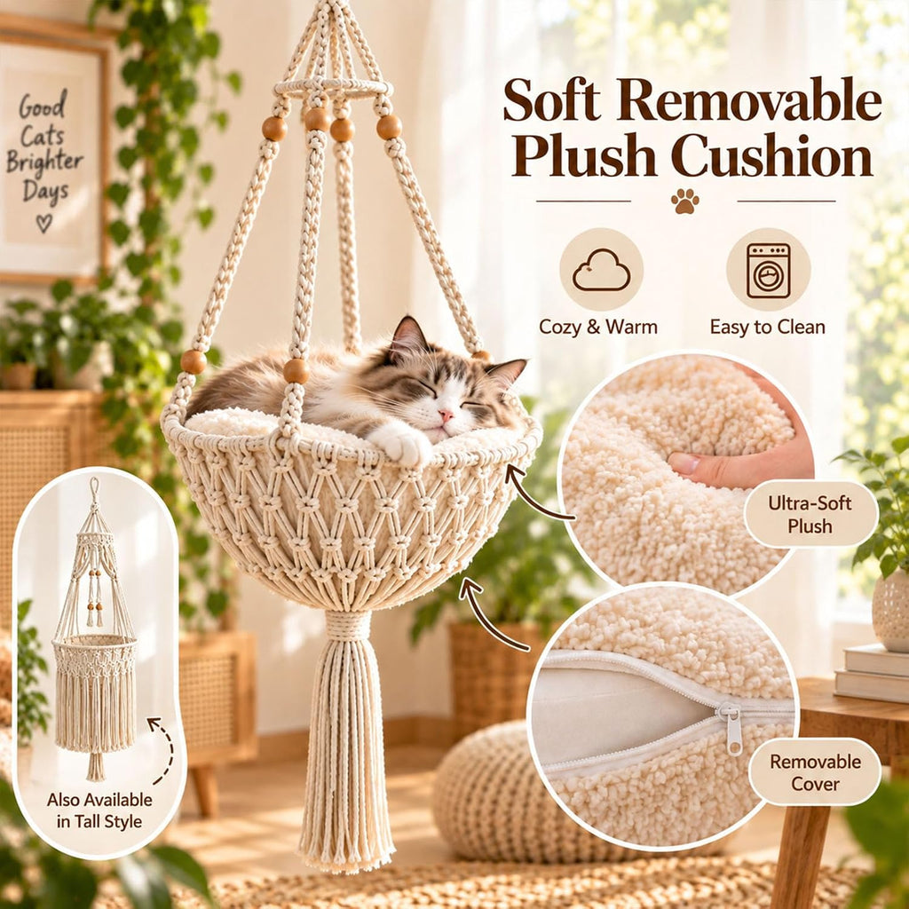 Boho Hanging Cat Bed, Macrame Cat Hammock with Plush Cushion (#A)