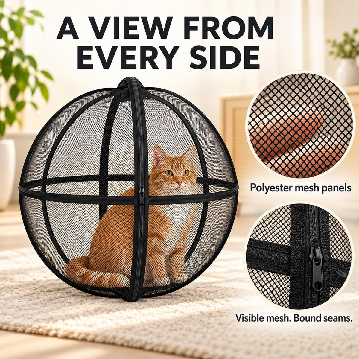 Rolling Cat Ball Enclosure, 27.6 Inch Foldable Spherical Mesh Cat Tent