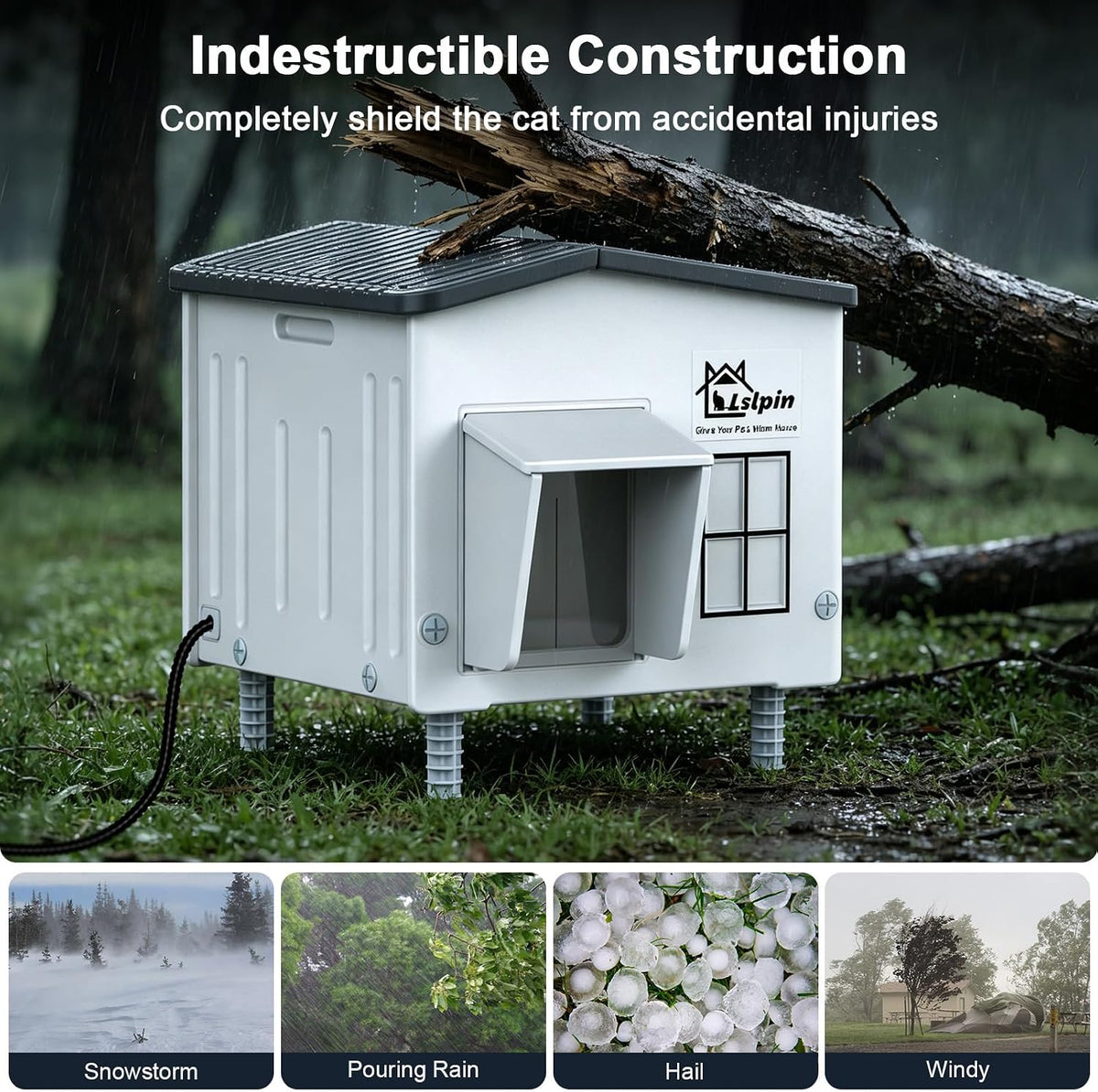 Heated Cat House for Outside Cats in Winter, Indestructible Heated Outdoor Cat House Weatherproof with Elevated Feet & E