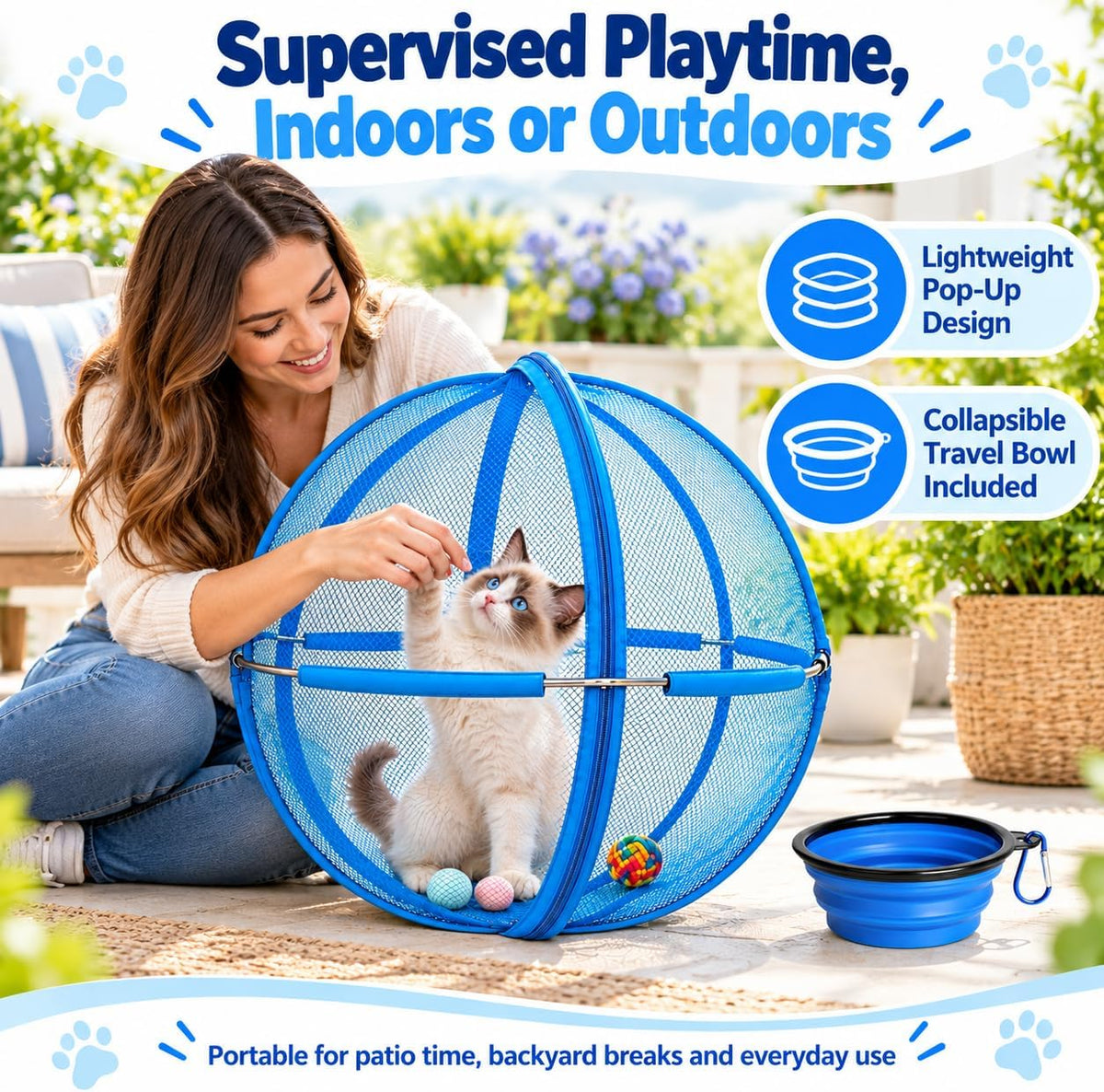 Outdoor Cat Playpen, 27-Inch Pop-Up Mesh Enclosure with Travel Bowl