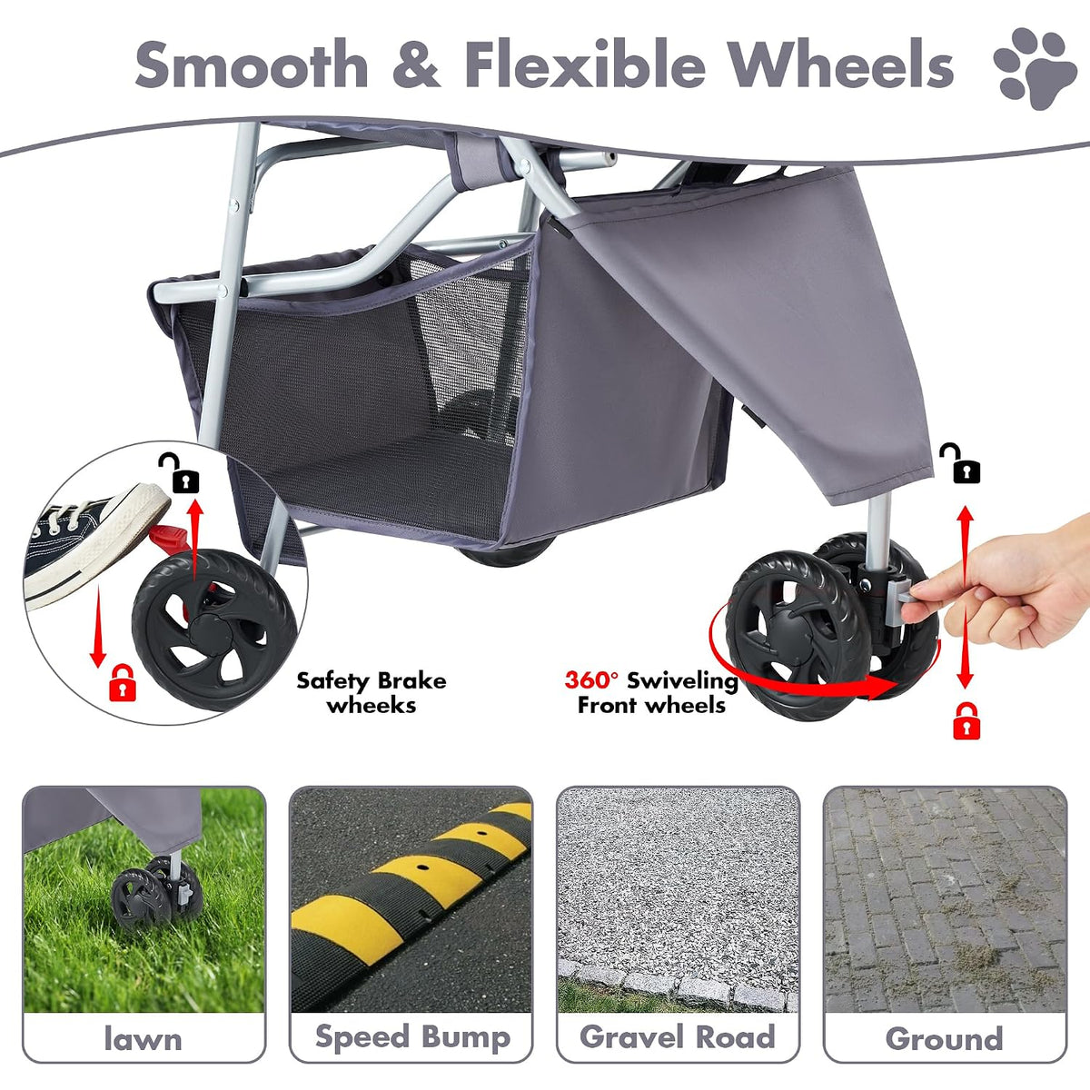 DUMOS 3 Wheels Pet Stroller for Small Dogs and Cats, Foldable
