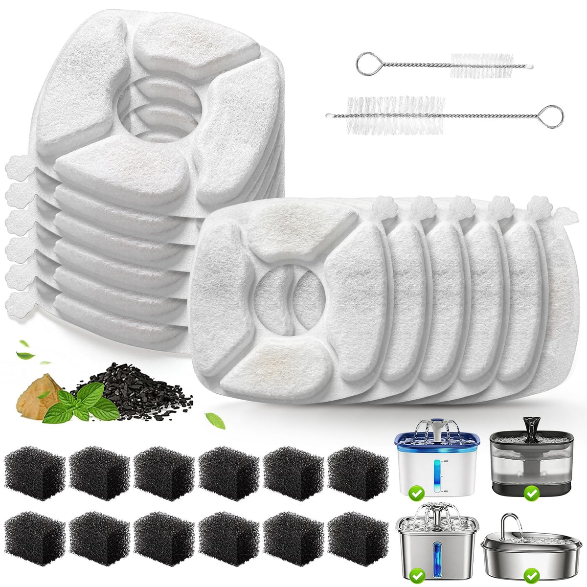 Cat Water Fountain Replacement Filters-12 Pack Cat Fountain Filters with 12 Pack Sponges, Enhanced Compatibility Pet Fountain Filter Fit for 50oz, 84oz, 95oz or 108oz Automatic Pet Dog Water Dispenser