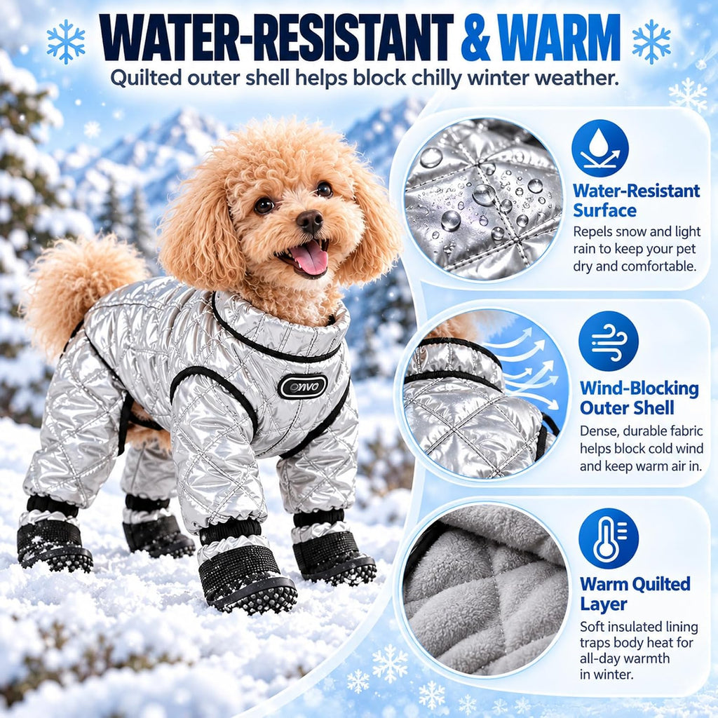 Dog Snowsuit with Attached Boots, Waterproof Winter Full Body Coat，Grey：S