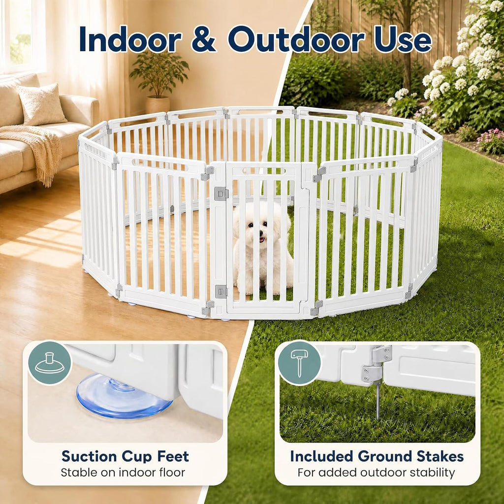 GIANTEX 12 Panel Dog Playpen, 32'' Plastic Pet Fence, Lockable Door, White