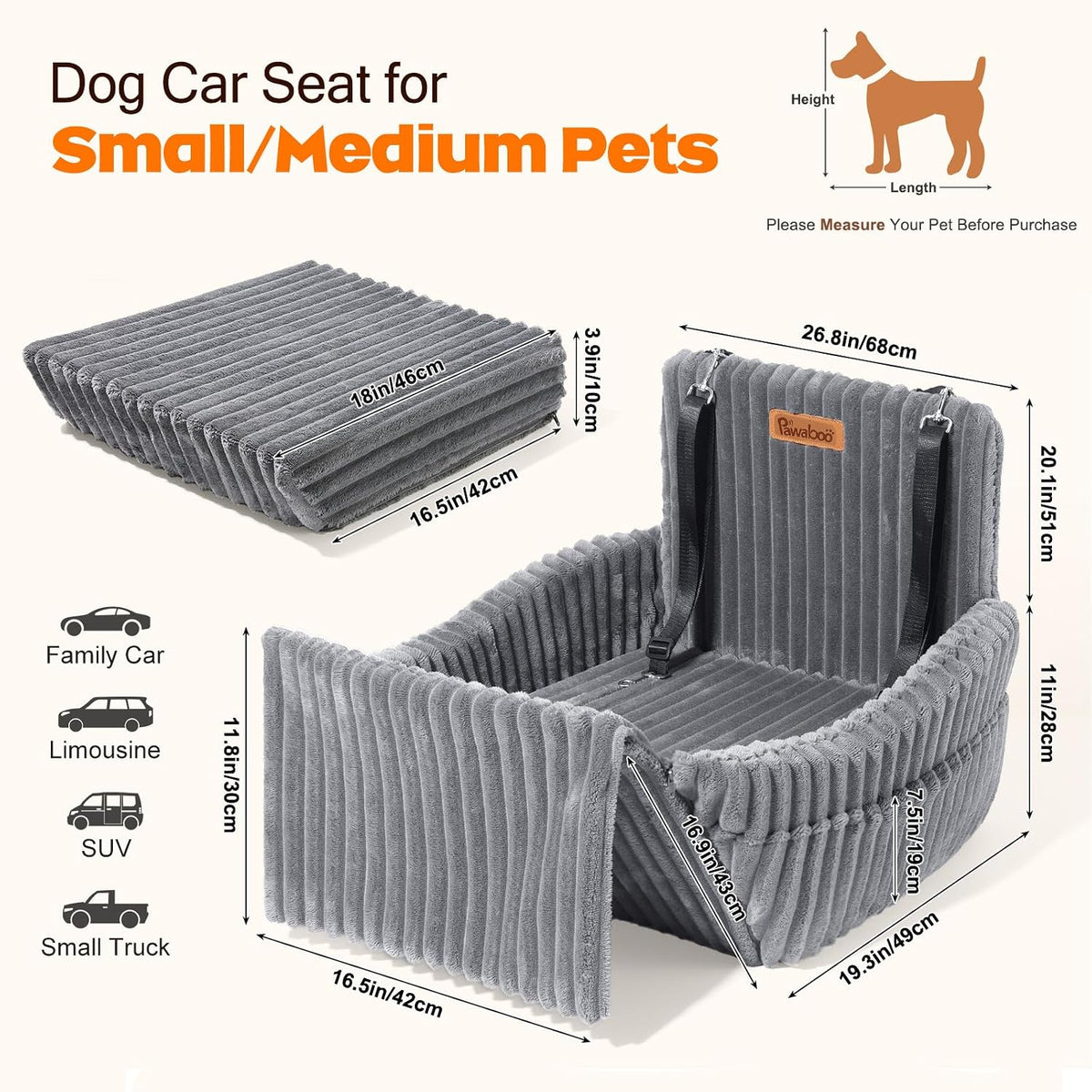 Pawaboo Dog Car Seat for Small Medium Dogs, Grey