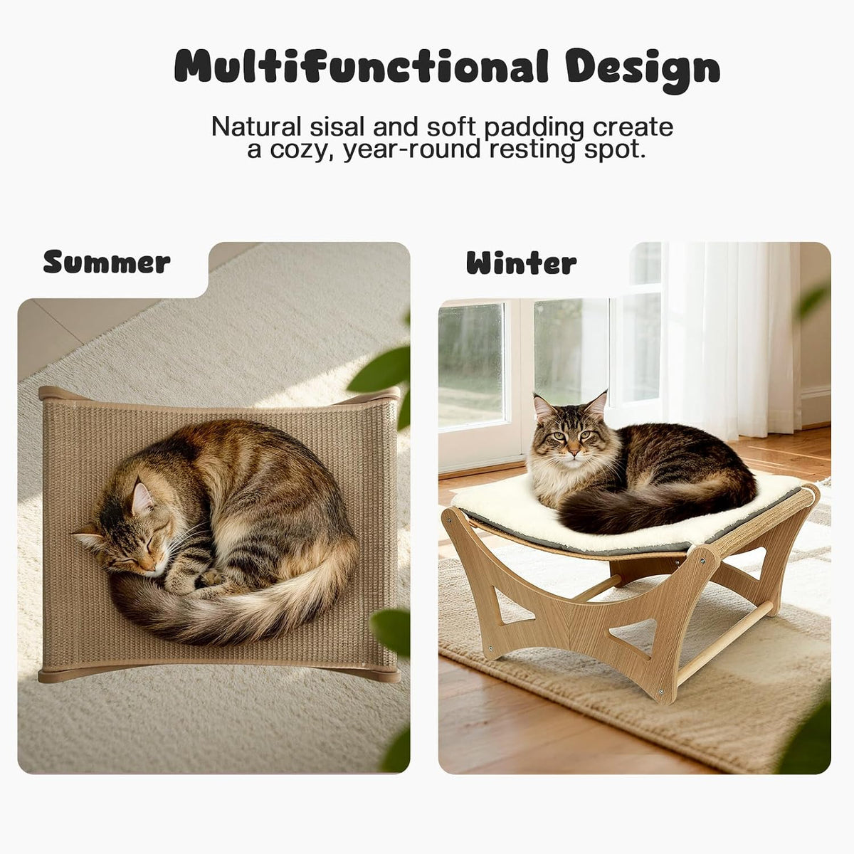 Cat Hammock Bed, Wooden Elevated Cat Beds with Natural Sisal Scratching Mat, Cats Scratcher Bed with Removable Soft Cush