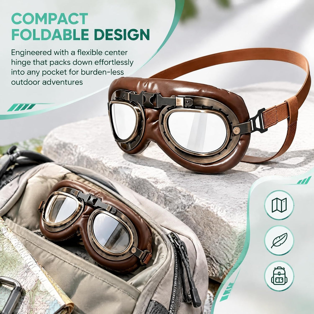 Vintage Dog Goggles Adjustable Strap Retro Aviator Foldable PC Lens