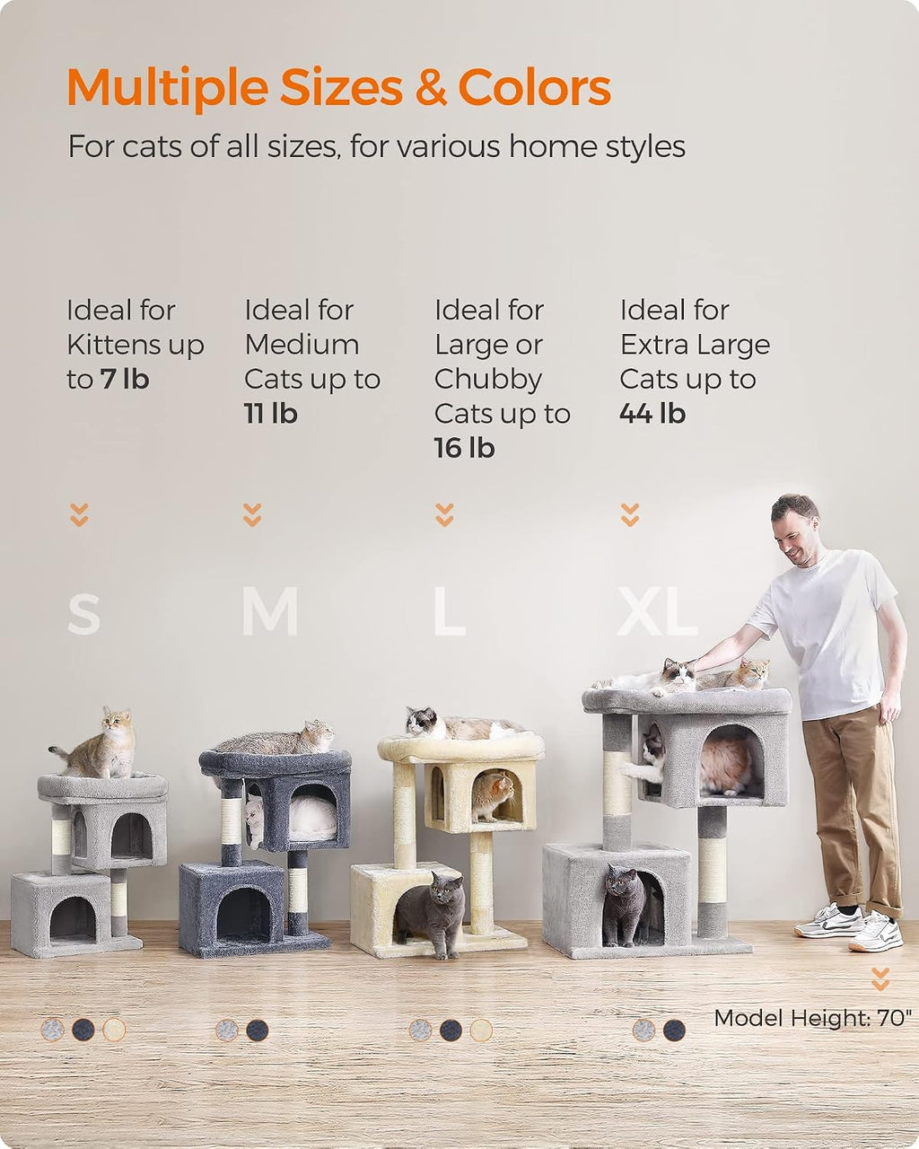 Feandrea Cat Tree, 40.6-Inch Tall Cat Tower, Cute Plush Condo, Light Gray