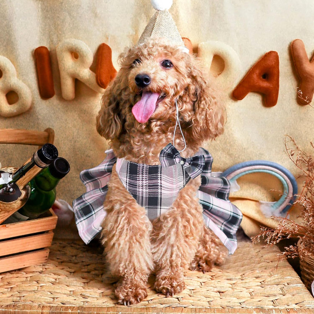 Dog Dress Bowknot Harness Leash Set for Small Dogs Girl Cute Plaid Dog Dress Pearls Bow Tie Spring Summer Princess Cloth