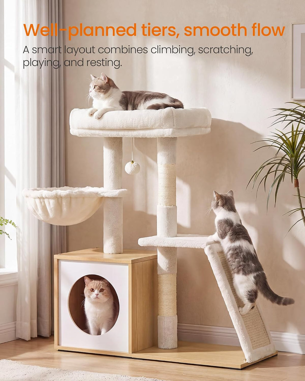 Feandrea Cat Tree, 3-Tier Cat Tower with Scratching Post and Wood Condo