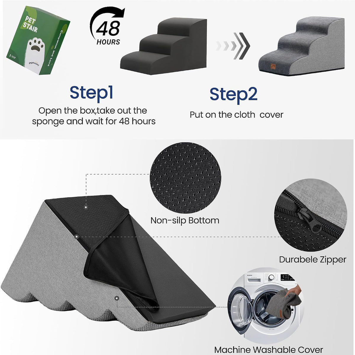 Dog Stairs for Small Dogs, 3-Step Pet Steps for Couch Sofa, Grey