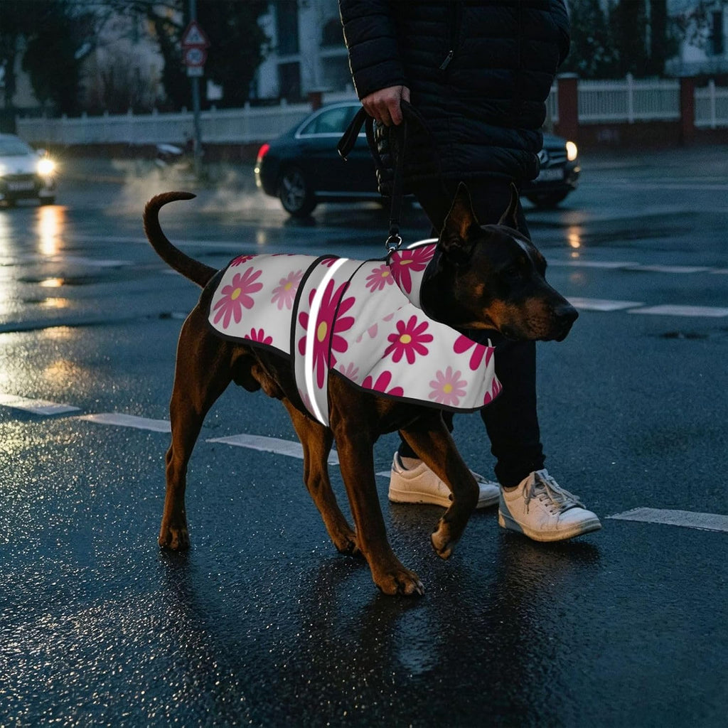 Pink Daisy Floral Pattern Dog Raincoat with Hood, Reflective Strips, Leash Opening, Water Resistant Large