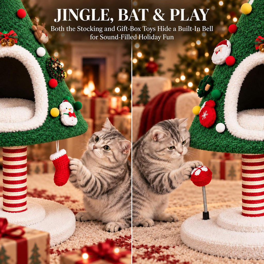 Cat Christmas Tree with Plush Cat Condo and Sisal Scratching Post
