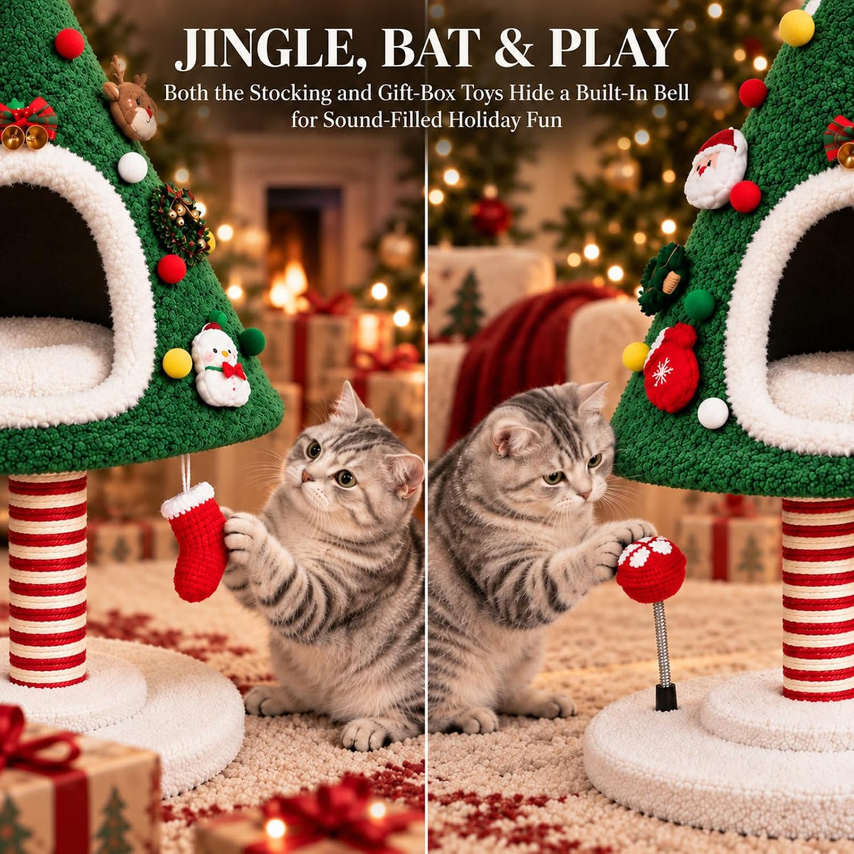 Cat Christmas Tree with Plush Cat Condo and Sisal Scratching Post
