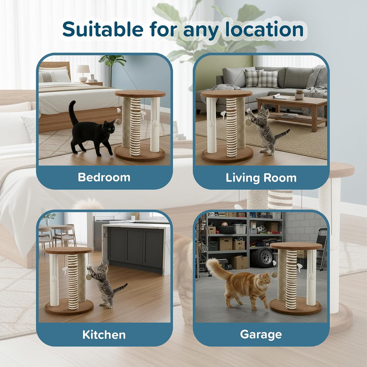 Cat Scratching Post - 3 Scratcher Posts with Carpeted Base Play Area and Perch - Furniture Scratching Deterrent for Indo