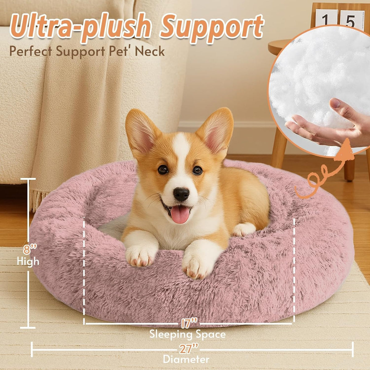JOLLYVOGUE Calming Dog Bed Medium Size Dog, Anti-Anxiety Donut Medium Pet Bed, 27 inches Fluffy Faux Fur Round Cat Bed (
