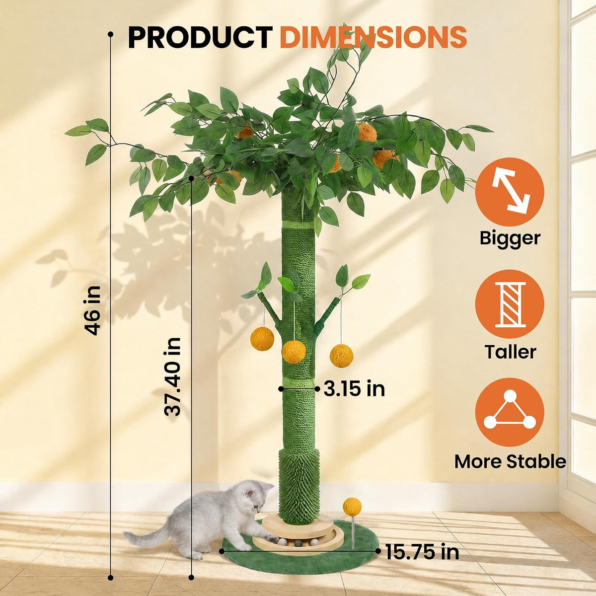 46" Extra Tall Cat Scratching Post for Large Cats, Sisal Rope