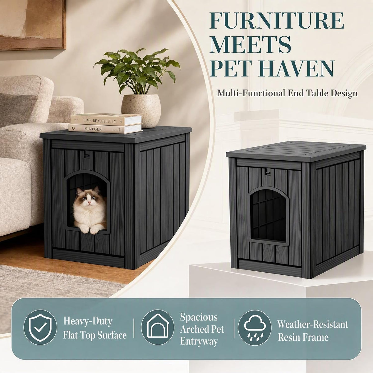 Cat House Outdoor Indoor Use, Weatherproof Cat Box Enclosure, Black
