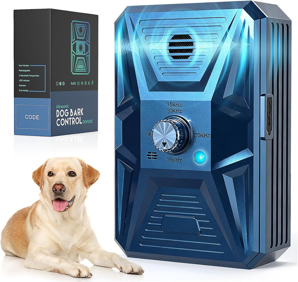 Dog Bark Deterrent Devices, Automatic Anti Barking Device with 4 Ultrasonic Transmitters Long Range 50FT, 3 Mode Recharg