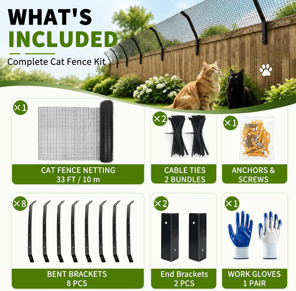Cat Fence Outdoor Barrier 33FT with 8 Kits,Cat-Proof Fence Topper System