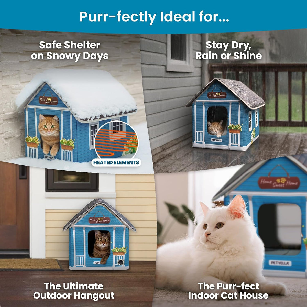 Deluxe Heated Cat House for Winter - Weatherproof, Insulated, Easy Assembly, Cat Heating Pad, Dual Escape Doors, Outdoor
