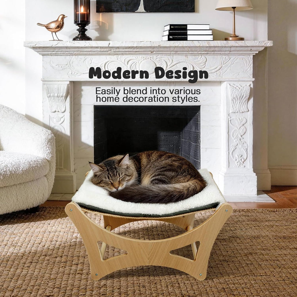 Cat Hammock Bed, Wooden Elevated Cat Beds with Natural Sisal Scratching Mat, Cats Scratcher Bed with Removable Soft Cush