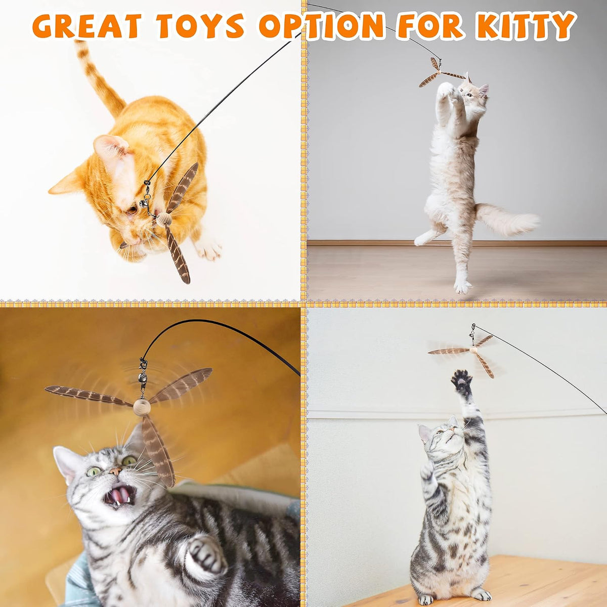 JXFUKAL Cat Wand Toys, Interactive Cat Toys with 3 Feather Refills, 29'' Flexible Steel Wire, Sturdy Wood Handle & Bell 