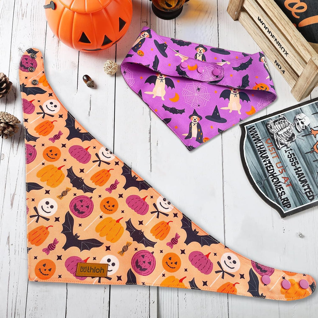 Halloween Dog Bandanas - 2 Pack Purple Dog Bandana with Snap Button | Reversible Pet Scarf for Boy & Girl | Premium Dura