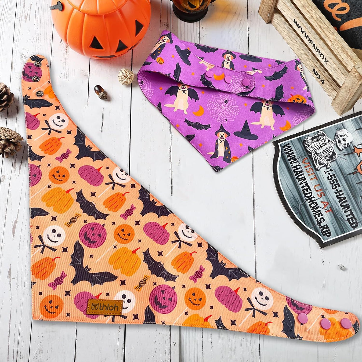 Halloween Dog Bandanas - 2 Pack Purple Dog Bandana with Snap Button | Reversible Pet Scarf for Boy & Girl | Premium Dura