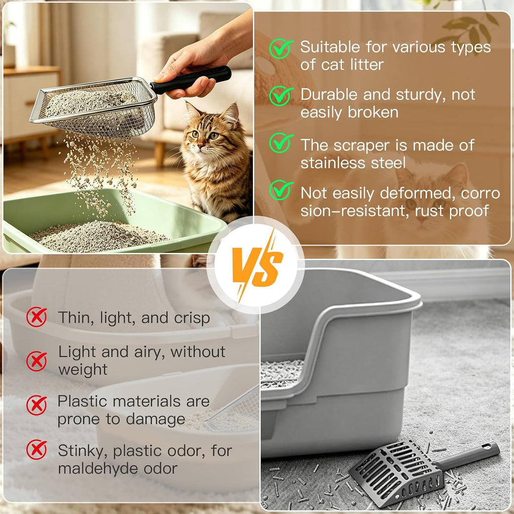 Cat Litter Scoop - Long Handle Scooper, Rustproof Stainless Steel Mesh, Non-Slip Grip, Deep Shovel Sifter for All Litter