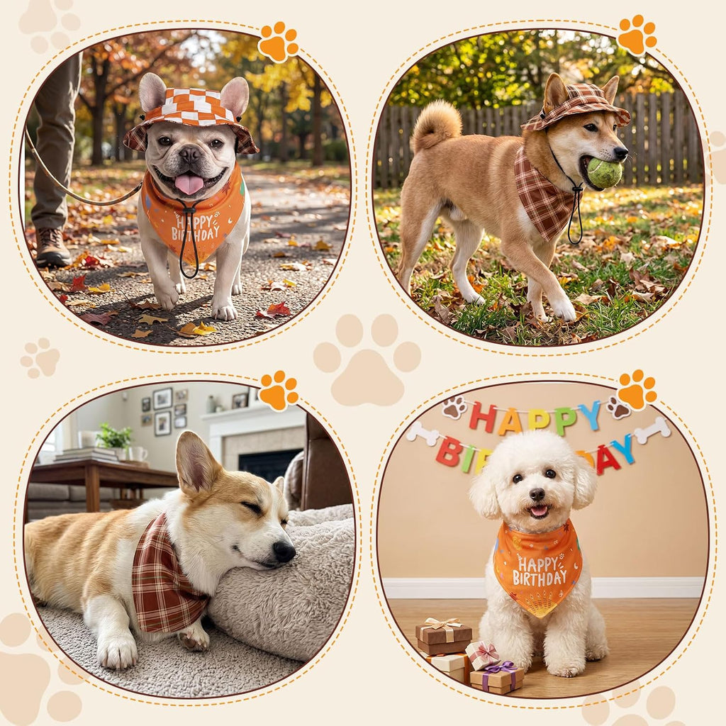Fall Dog Bucket Hat with Ear Holes, Dog Birthday Bandana & Hat Gift Set