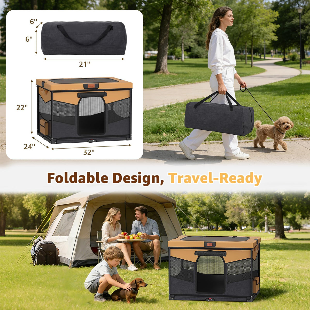 LOOBANI Dog Playpen for Small Dogs, 32"x24"x22", Foldable & Portable, Brown