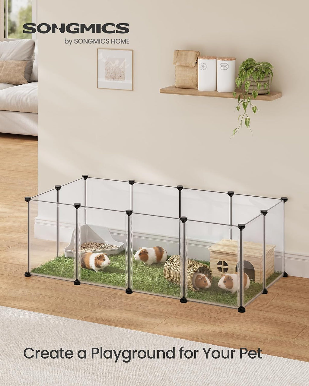 SONGMICS Pet Playpen, Clear Plastic Modular Enclosure, DIY Indoor Fence