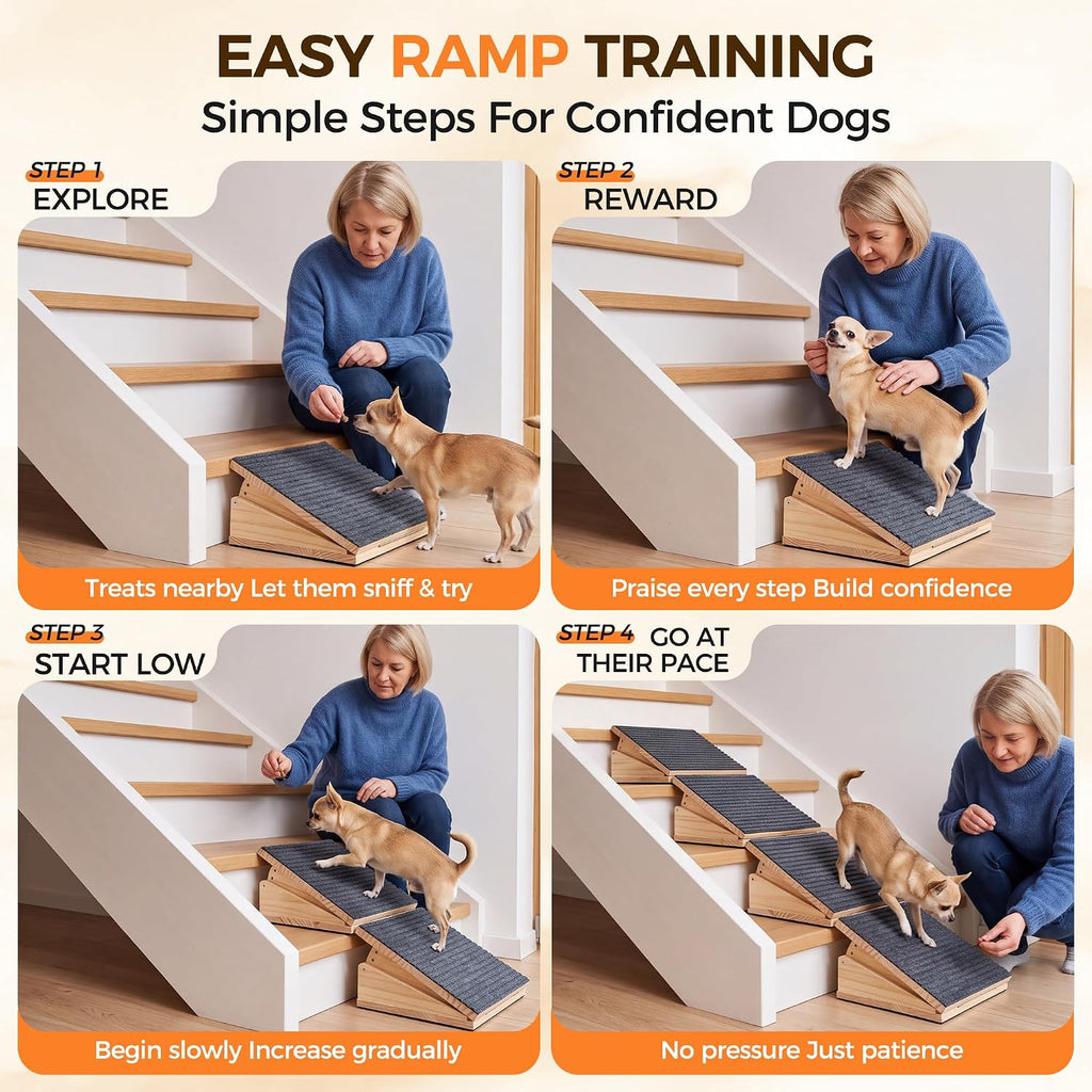 Dog Ramp for Stairs, Adjustable Wooden Pet Ramp with Anti-Slip Carpet (2)