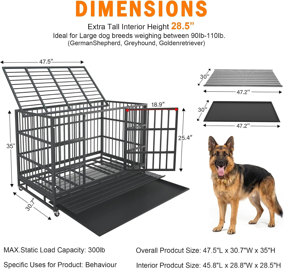BOLDBONE 48 inch Heavy Duty Indestructible and Escape-Proof Dog Crate Cage Kennel for Large Dogs, High Anxiety Dog Crate