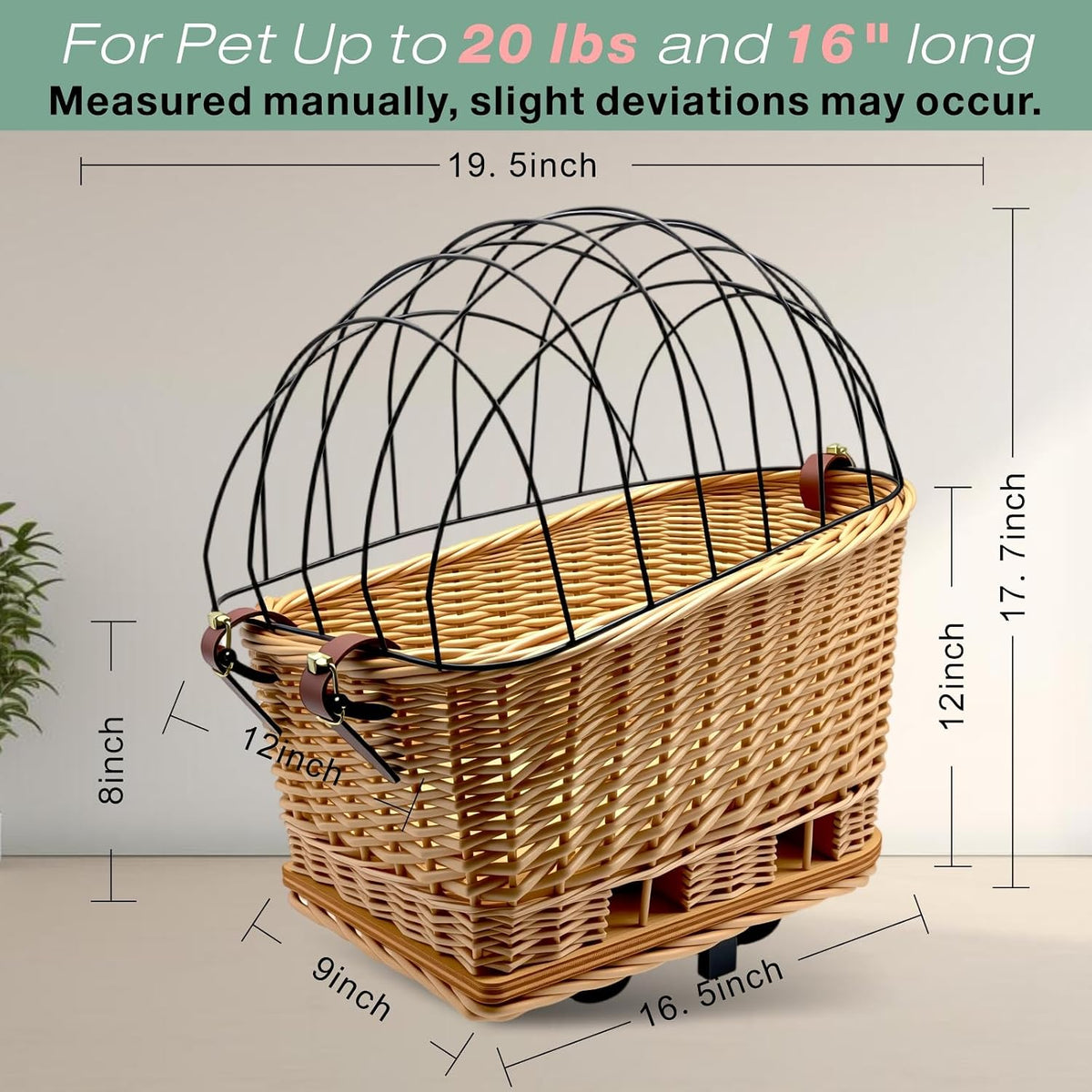 Wicker Dog Bike Basket with Protective Grille, Rear Carrier for Small Pet