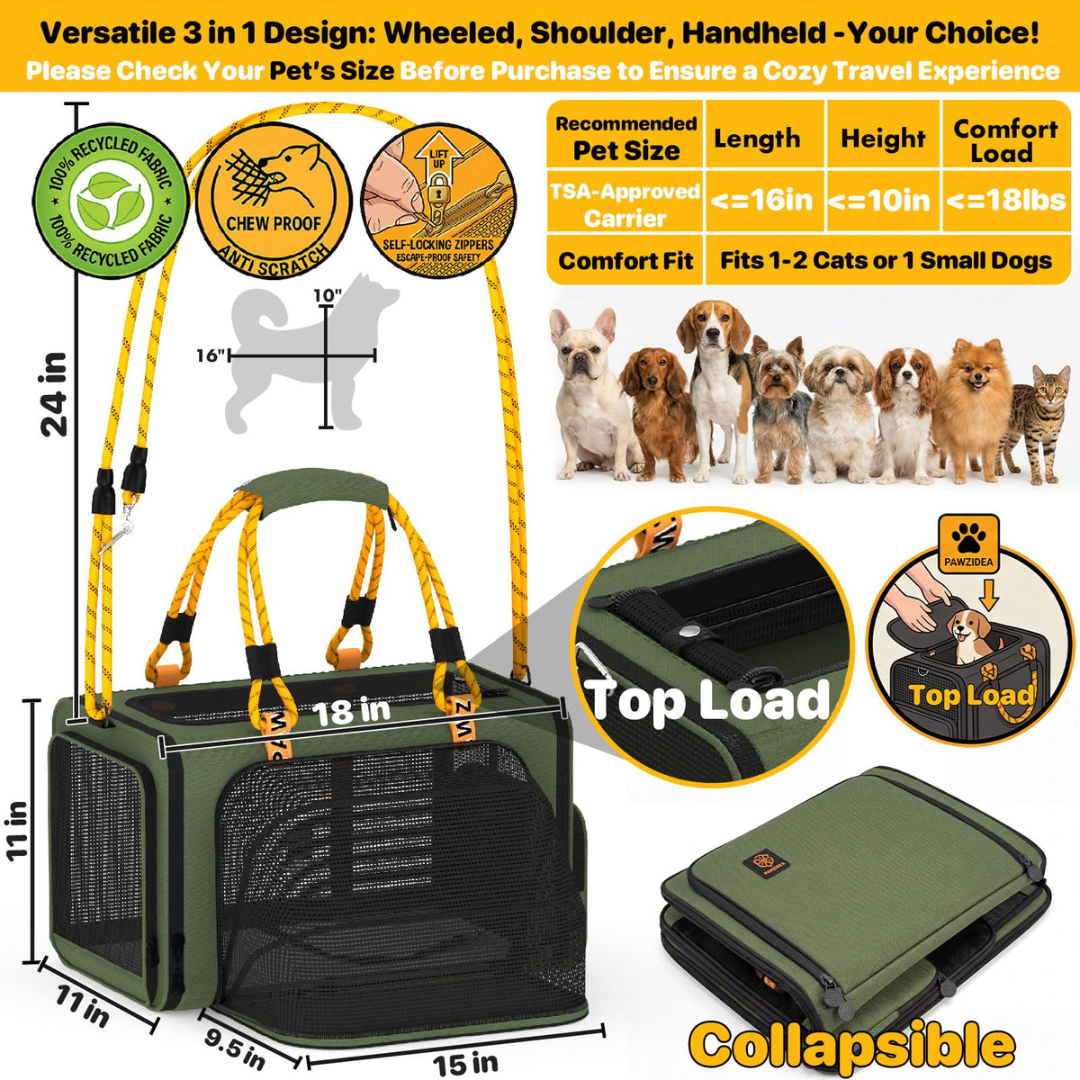 PAWZIDEA Expandable Pet Carrier for Small Cats & Dogs, TSA Airline Approved