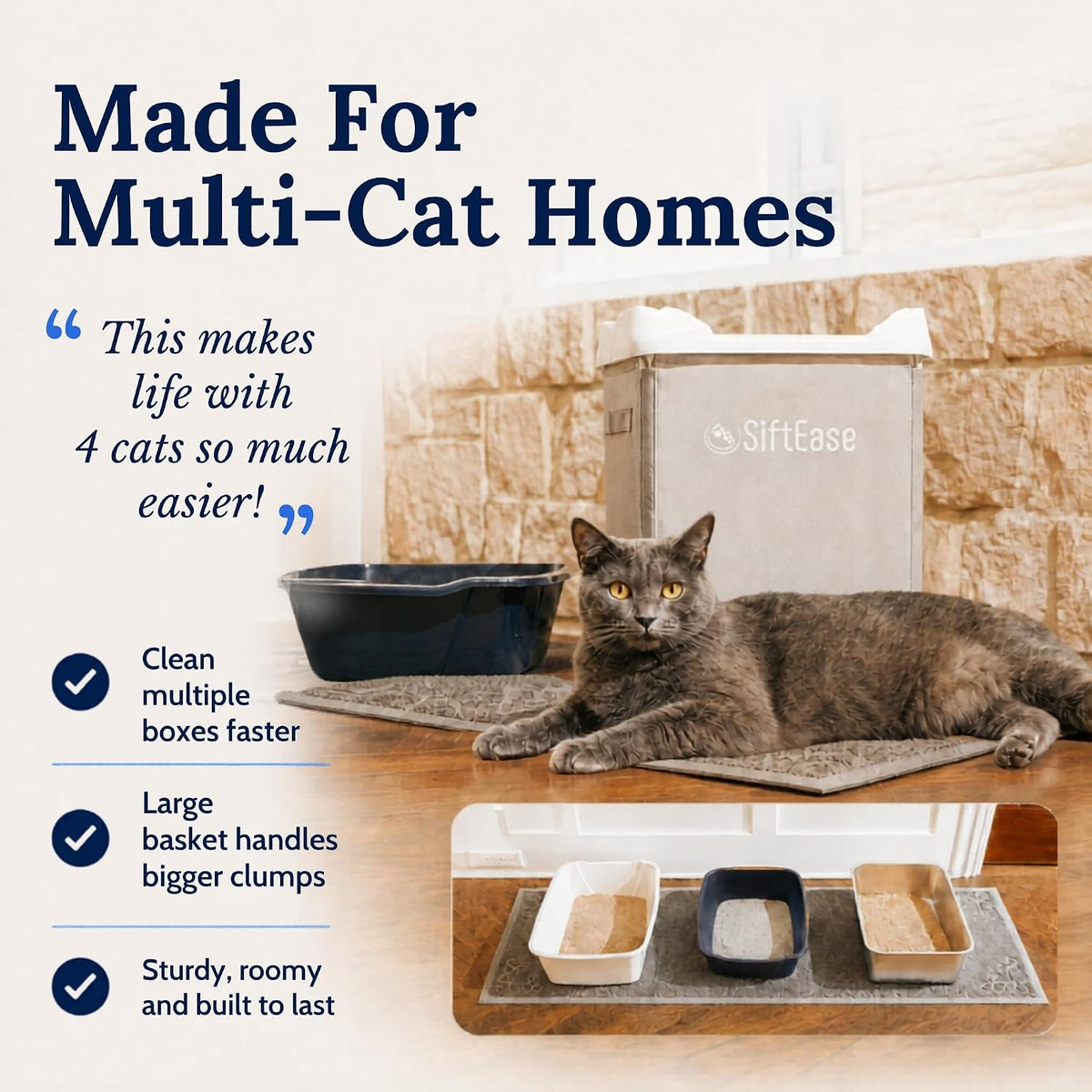 SiftEase Cat Litter Sifter with Bin, Fast Scoop-Free Litter Box Cleaning