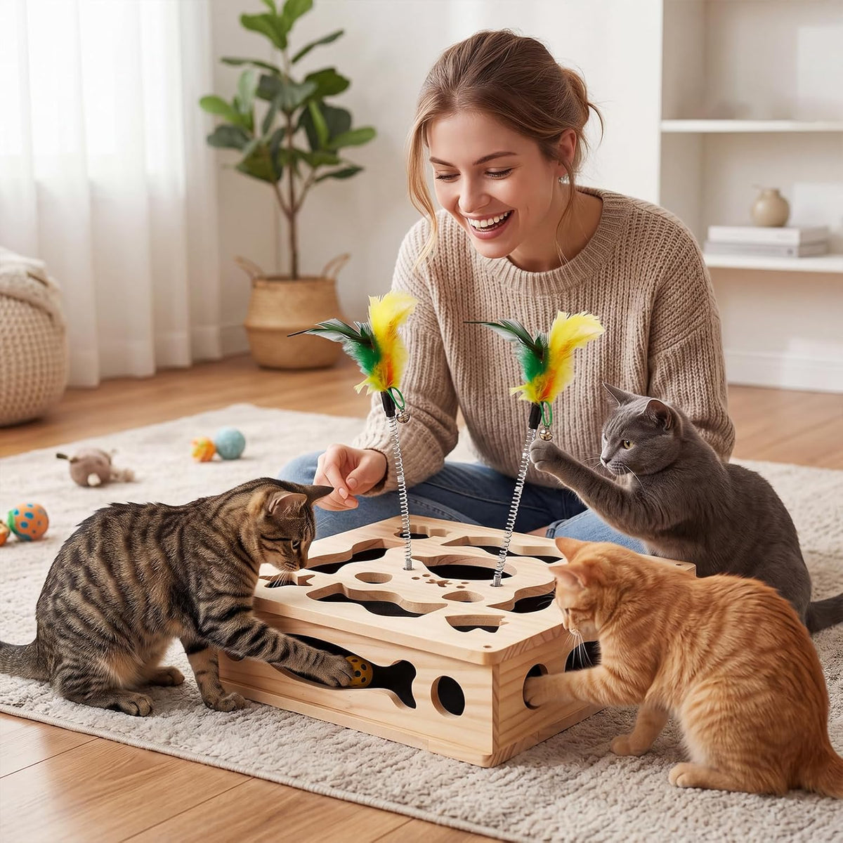 Cat Nail File Scratcher Box, 4-in-1 Interactive Wooden Scratch Puzzle Toy